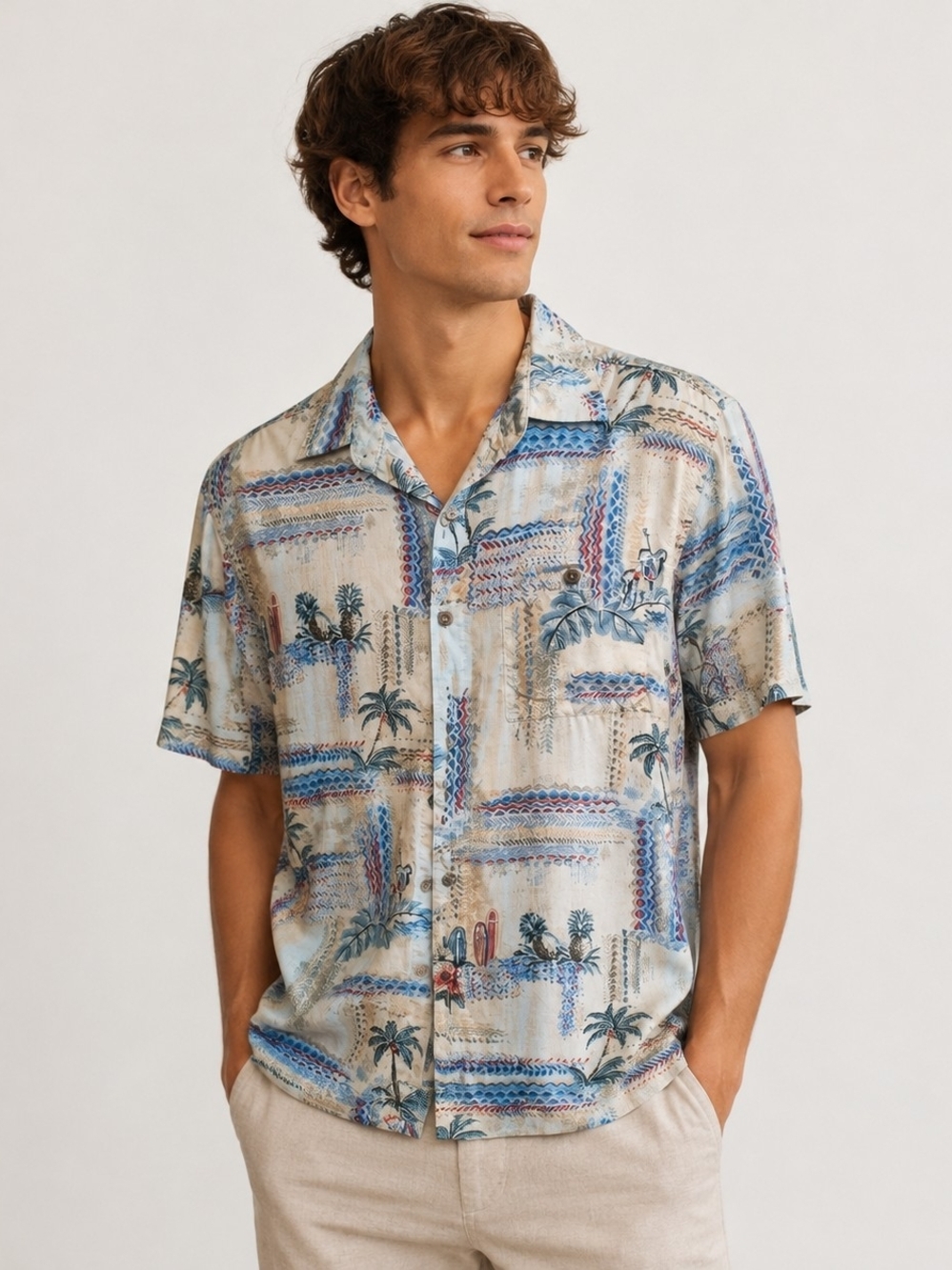 Men's Light Blue Patterned Short-Sleeve Button-Down Shirt